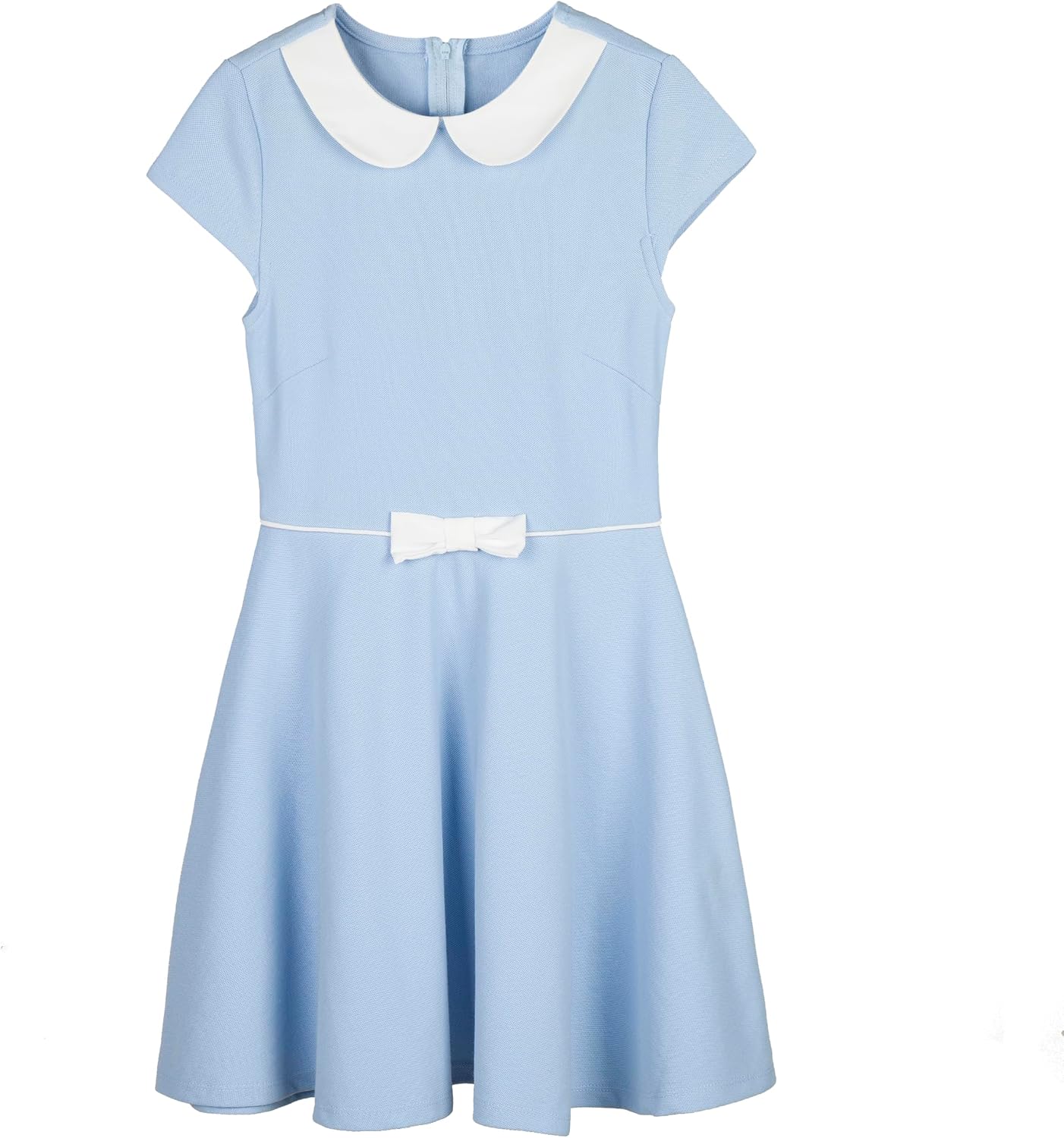 Everanne girls' casual piqué dress with V-neck, Peter Pan collar, and bow, featuring short sleeves and classic style.