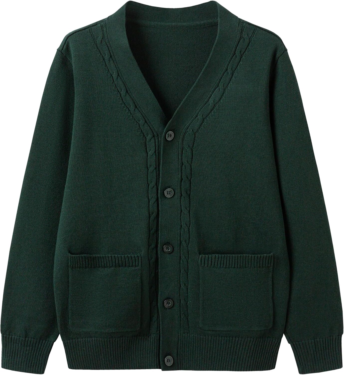 Everanne unisex green cotton cardigan sweater with V-neck, windproof cuffs, and knit design, suitable for casual wear.