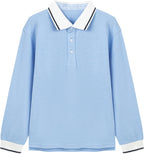 Everanne kids' cotton blend long sleeve polo shirt with contrast collar in blue, featuring a classic pique fabric and comfortable fit.
