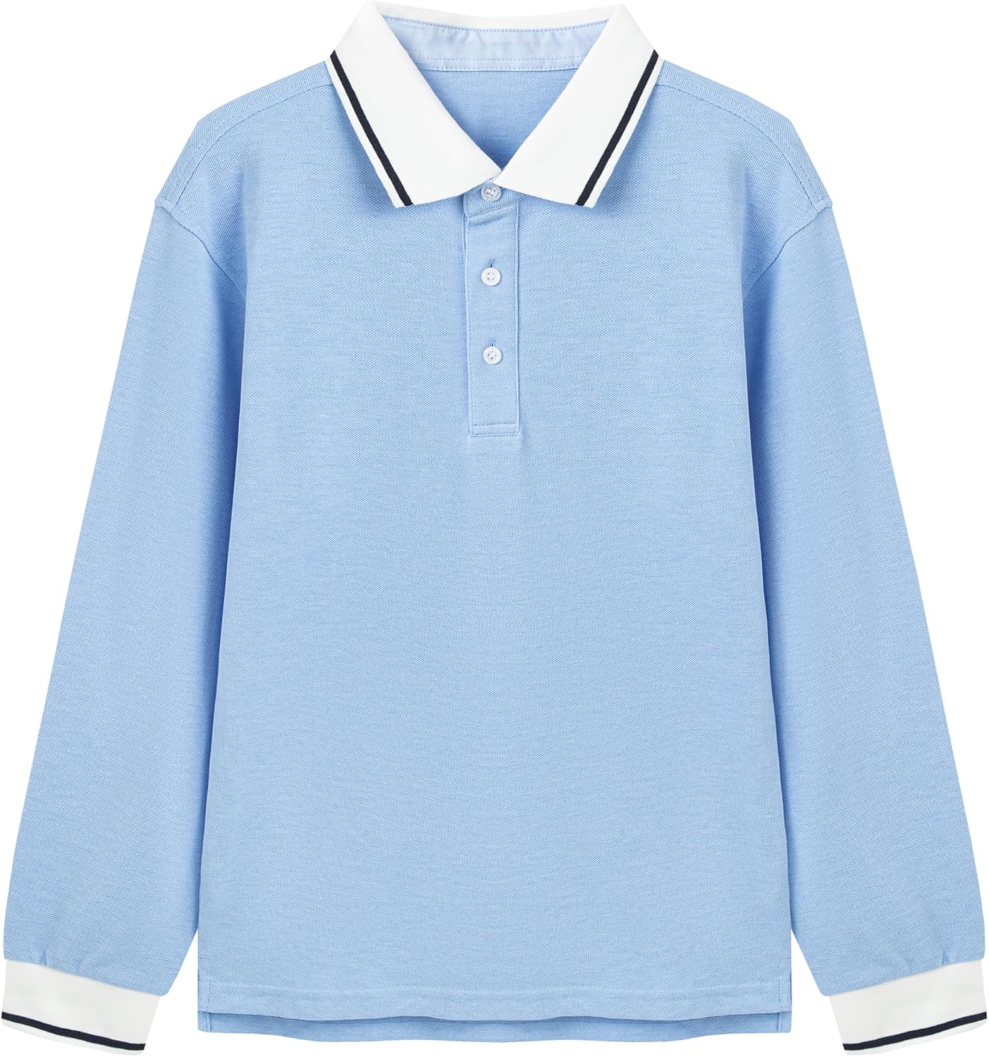 Everanne kids' cotton blend long sleeve polo shirt with contrast collar in blue, featuring a classic pique fabric and comfortable fit.