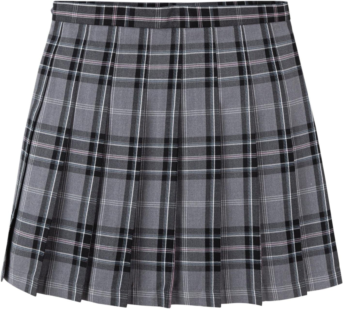Everanne girls gray woven checkered pleated skirt with dual waist YKK zipper, stylish and comfortable for school or casual wear.