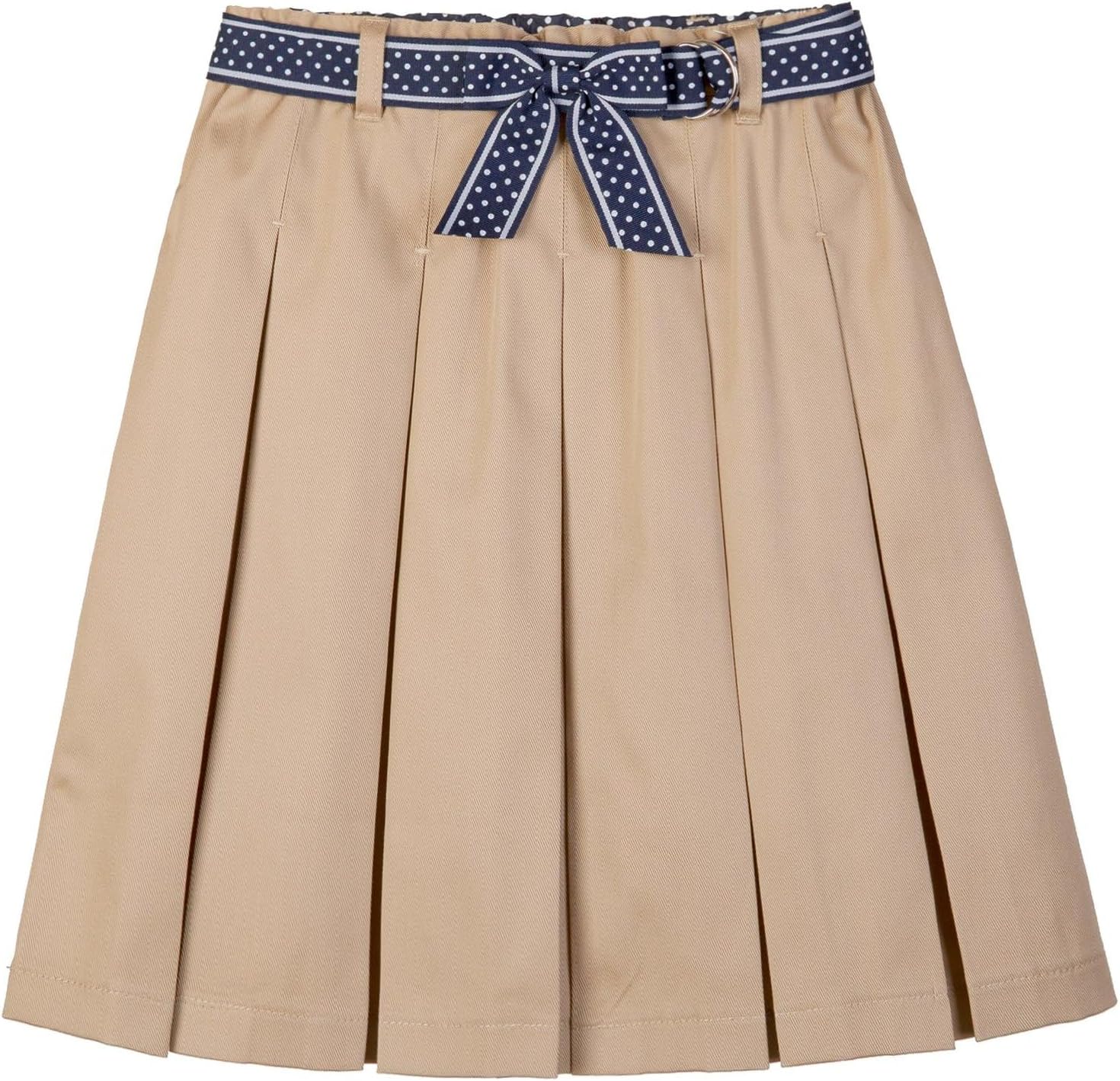 Beige Everanne girls' mini skirt with bow tie belt, lightweight twill fabric, perfect for school or casual wear.
