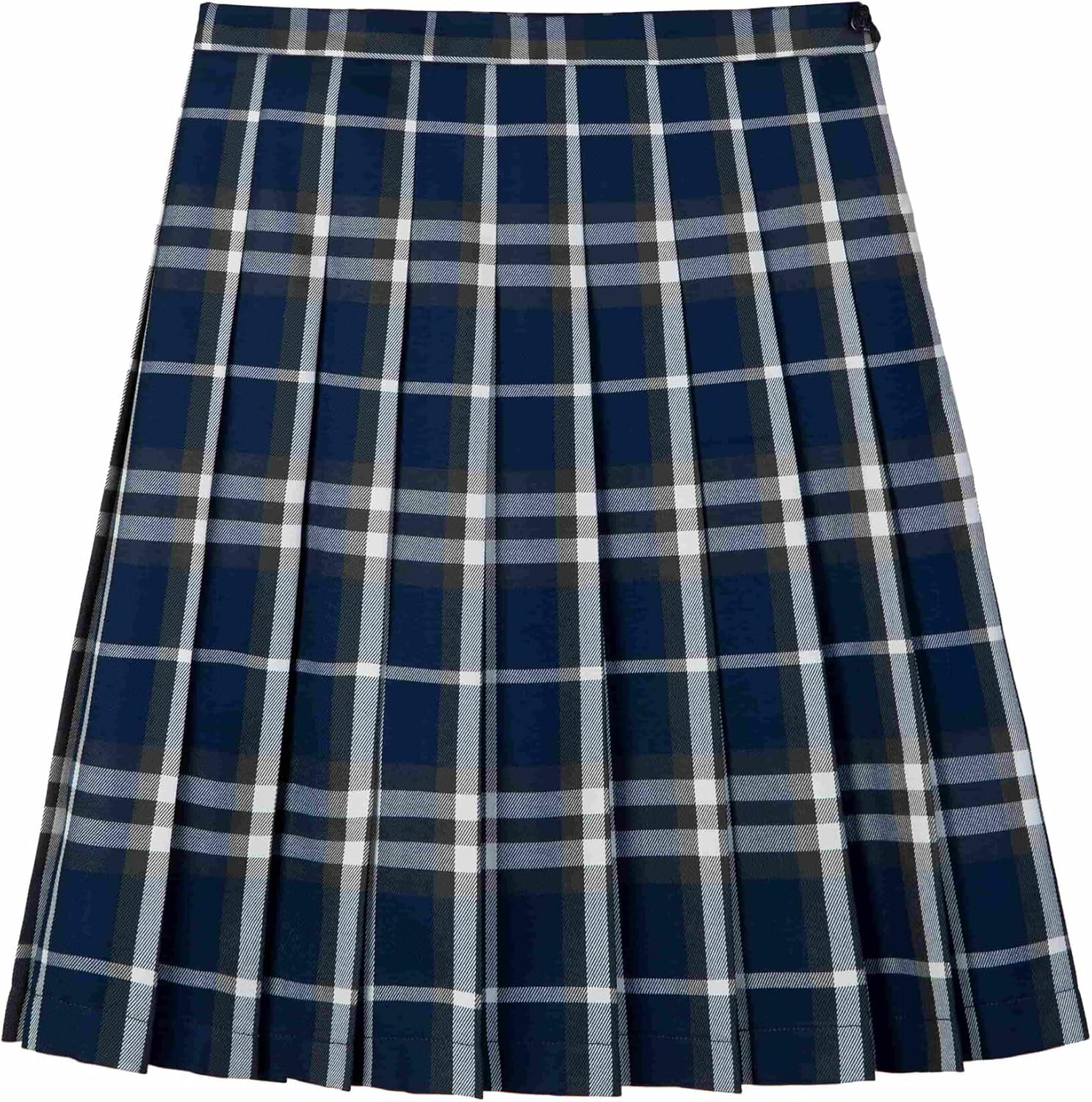 Everanne girls' navy and white woven checkered pleated skirt with dual waist YKK zipper, stylish and comfortable for school or casual wear.