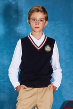 Everanne boys' cotton V-neck sweater vest with striped collar in blue and red, suitable for school uniform tops.