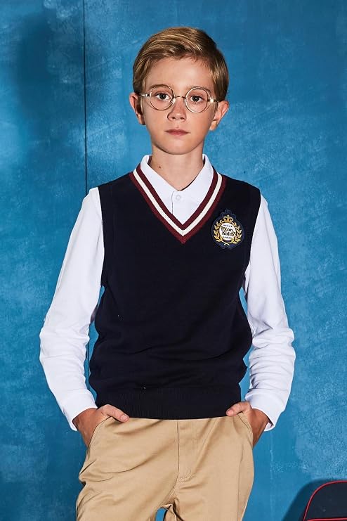 Everanne boys' cotton V-neck sweater vest with striped collar in blue and red, suitable for school uniform tops.