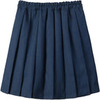 Everanne girls' pleated school uniform skirt with elastic waist, organic lining, in blue fabric, suitable for school uniforms.