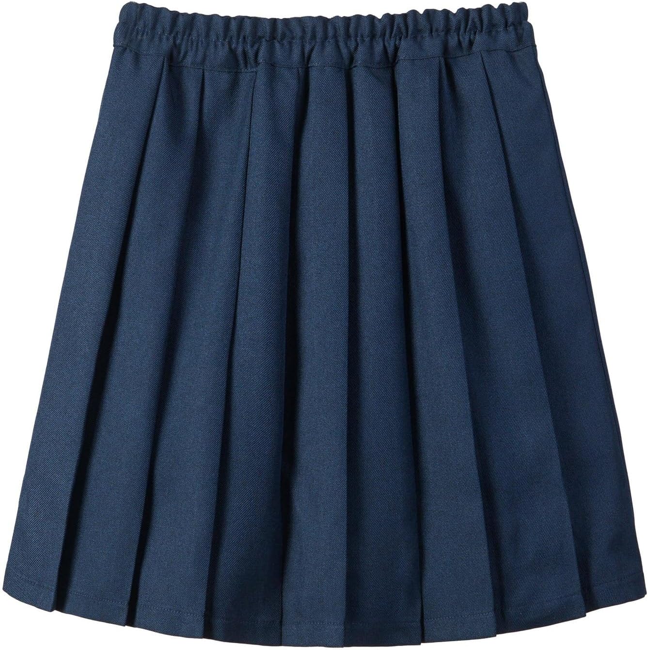 Everanne girls' pleated school uniform skirt with elastic waist, organic lining, in blue fabric, suitable for school uniforms.