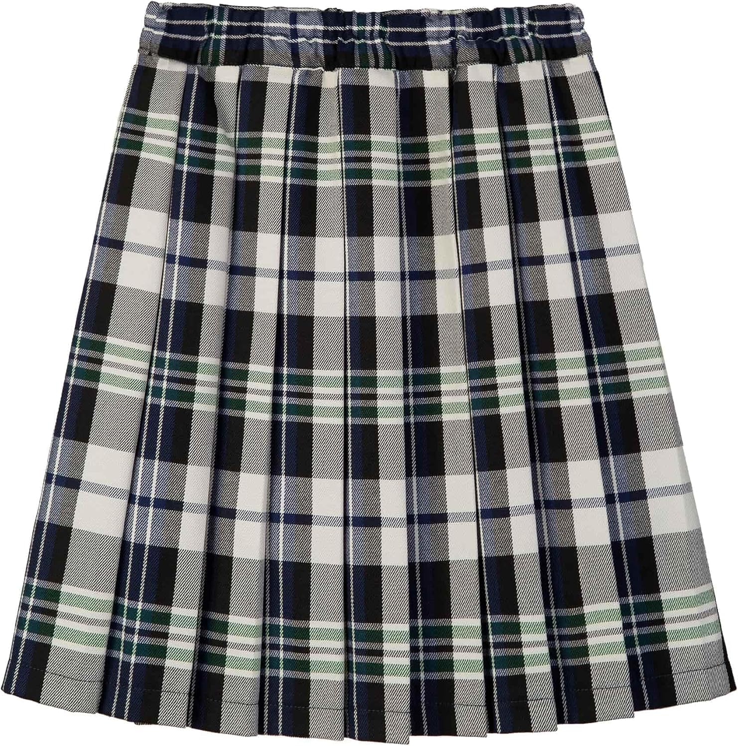 Everanne girls' woven checkered pleated skirt in navy and off-white with dual waist YKK zipper, stylish and comfortable for school wear.