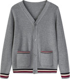 Everanne unisex cotton V-neck cardigan sweater with windproof cuffs, featuring a knit design and ribbed V-neck collar.