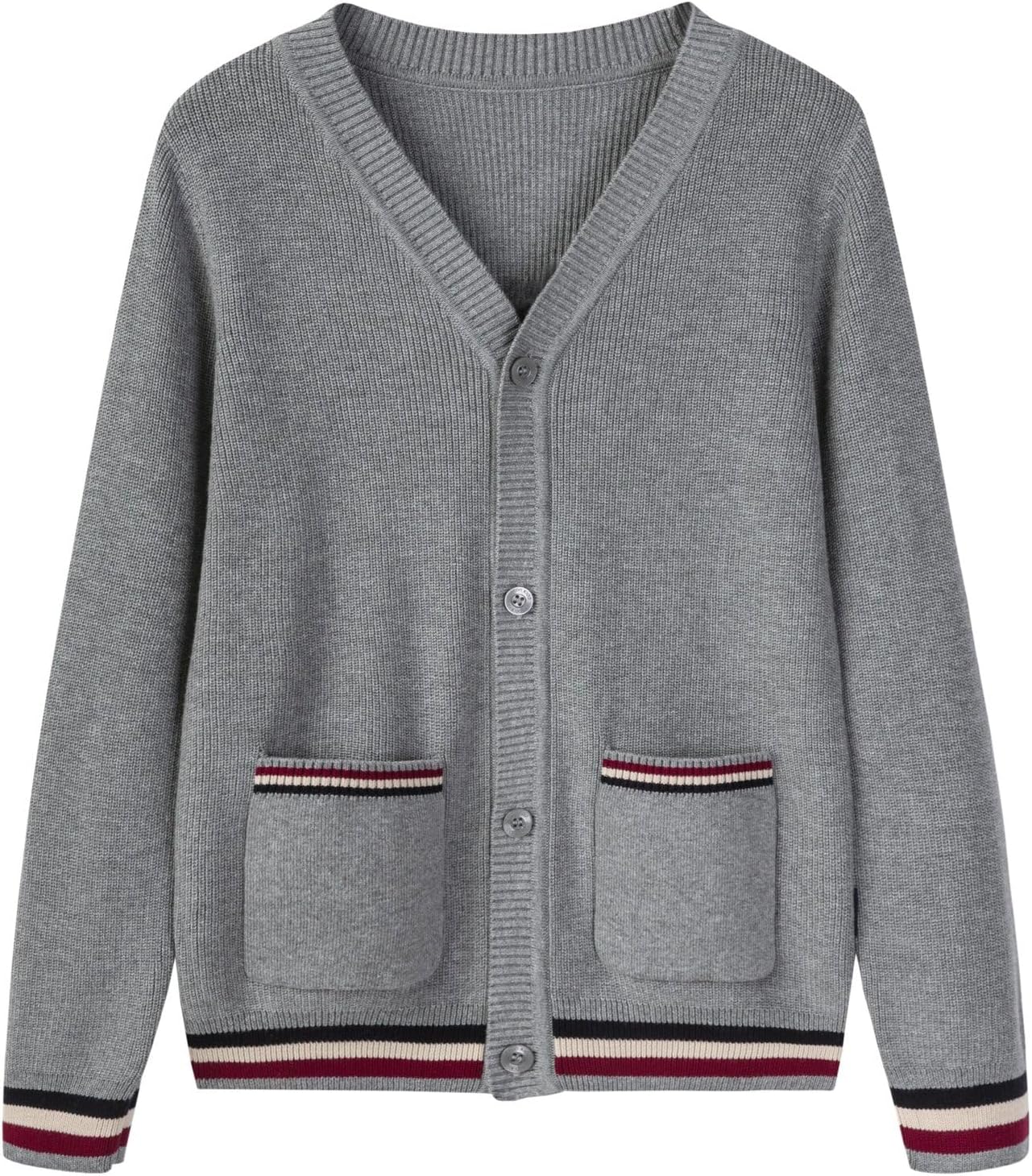 Everanne unisex cotton V-neck cardigan sweater with windproof cuffs, featuring a knit design and ribbed V-neck collar.