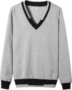 Everanne unisex v-neck pullover sweater with stripe trim, cotton windproof cuffs, soft knit, casual stylish winter wear