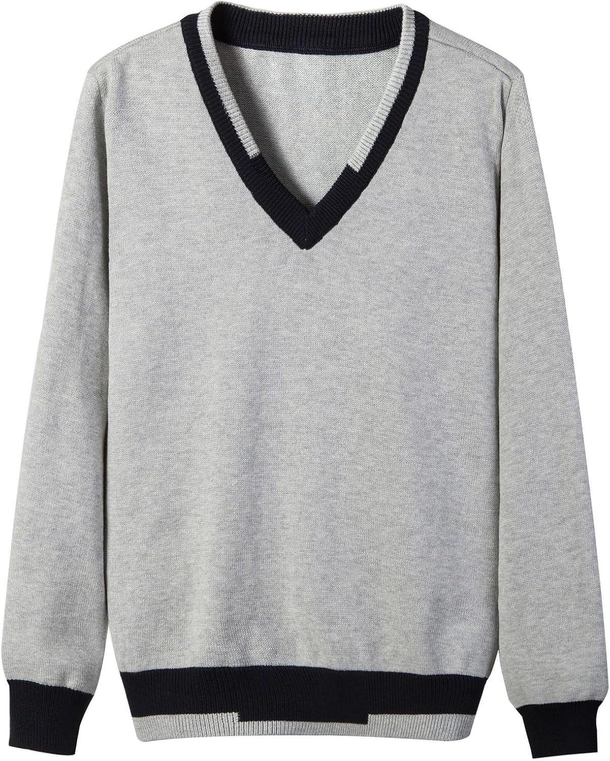 Everanne unisex v-neck pullover sweater with stripe trim, cotton windproof cuffs, soft knit, casual stylish winter wear