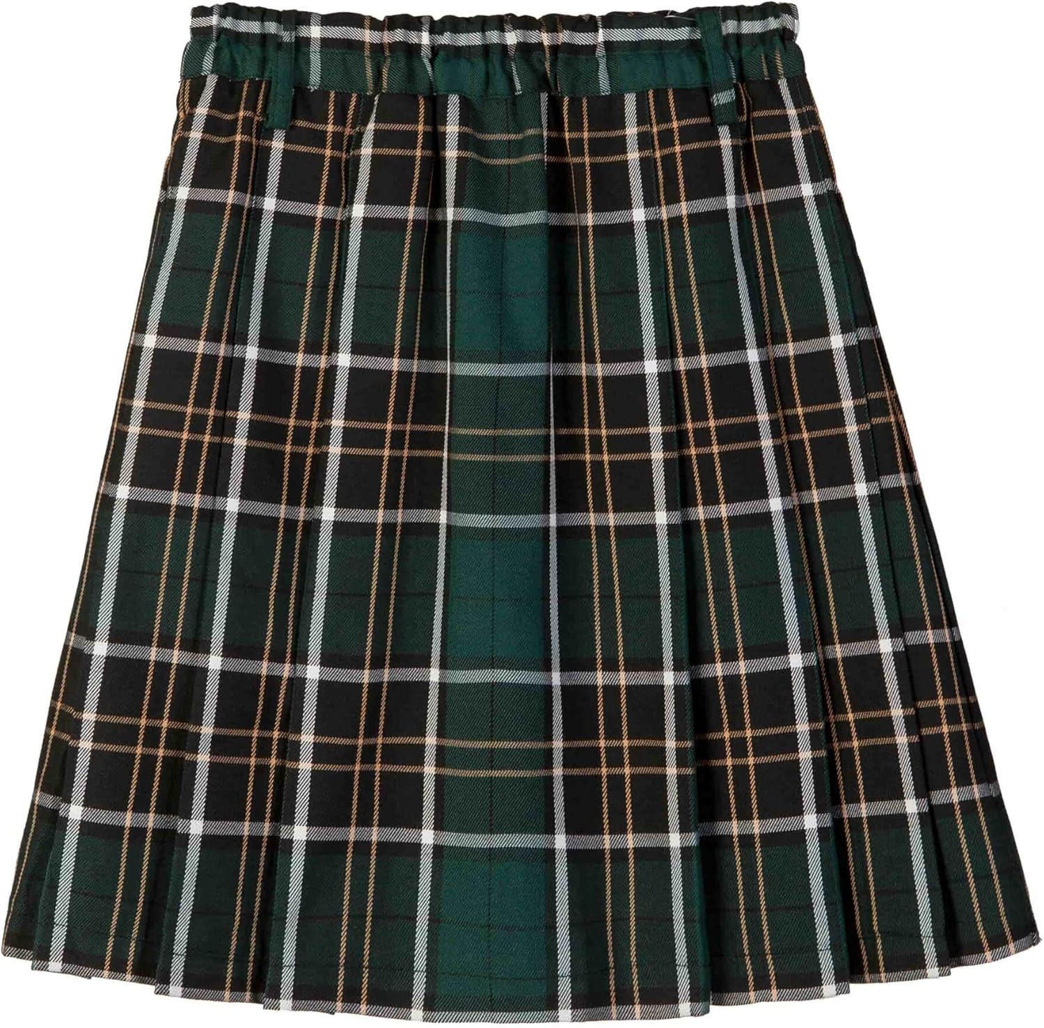 Everanne girls' woven checkered pleated skirt in dark green and yellow with dual waist YKK zipper, stylish and comfortable for school.
