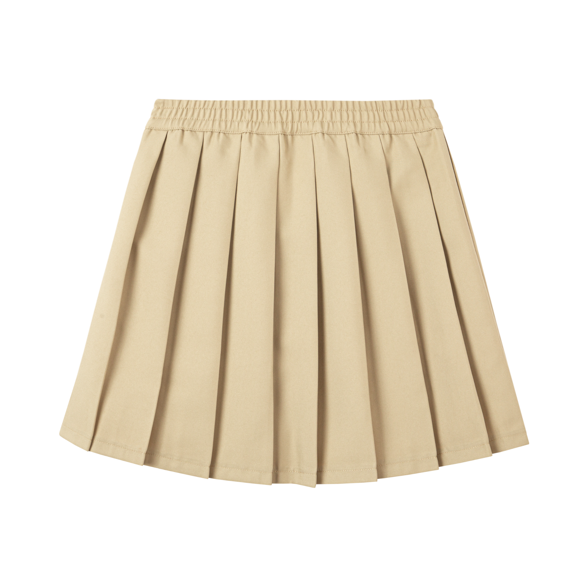 Everanne girls' pleated school uniform skirt with elastic waist, khaki color, organic lining, perfect for school attire.