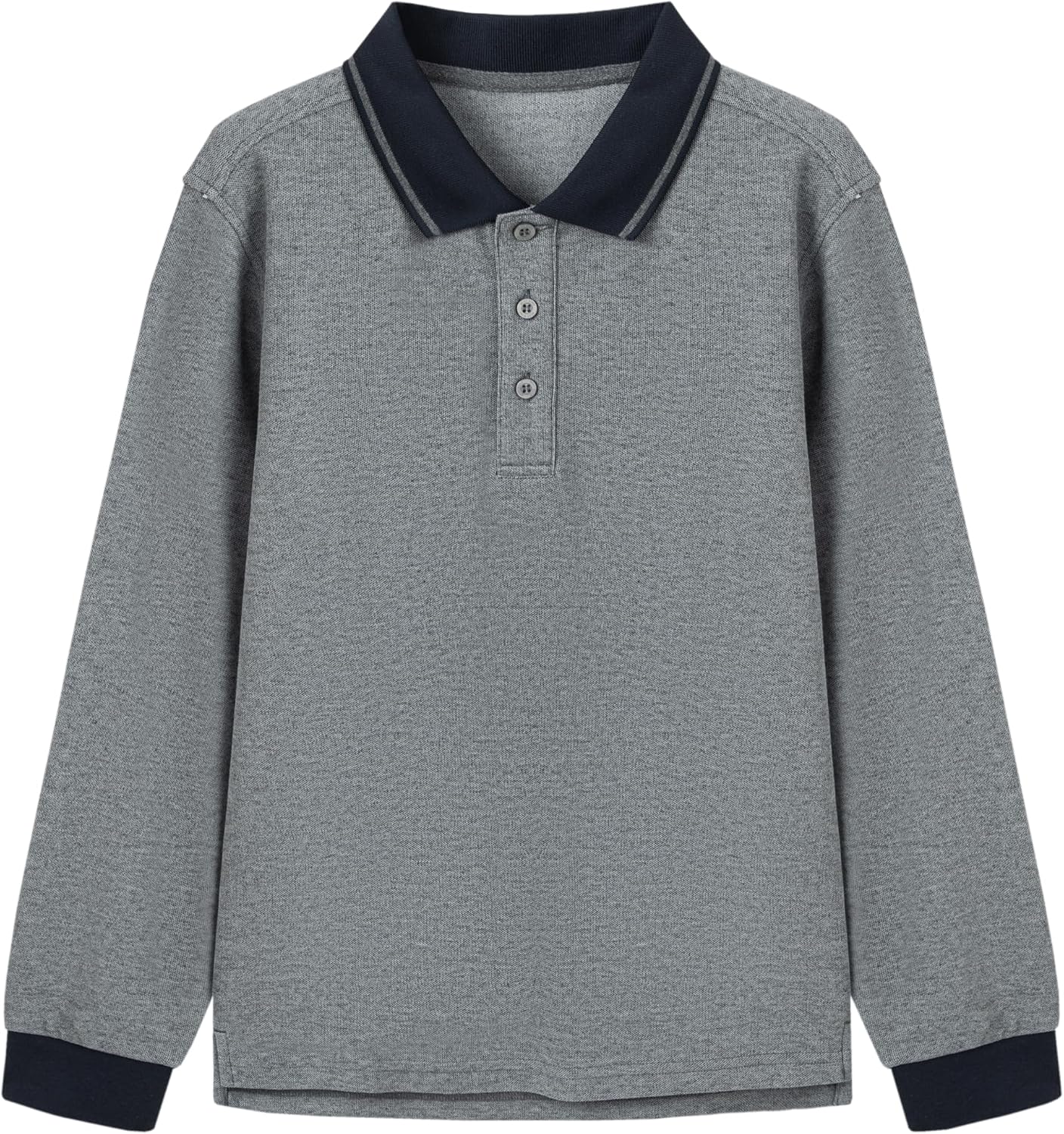 Everanne unisex cotton blend long sleeve polo shirt with ribbed collar, shown in a close-up view of the fabric and collar detail.