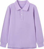 Everanne unisex lilac long sleeve polo shirt with collar and buttons, made from comfortable uniform fabric.