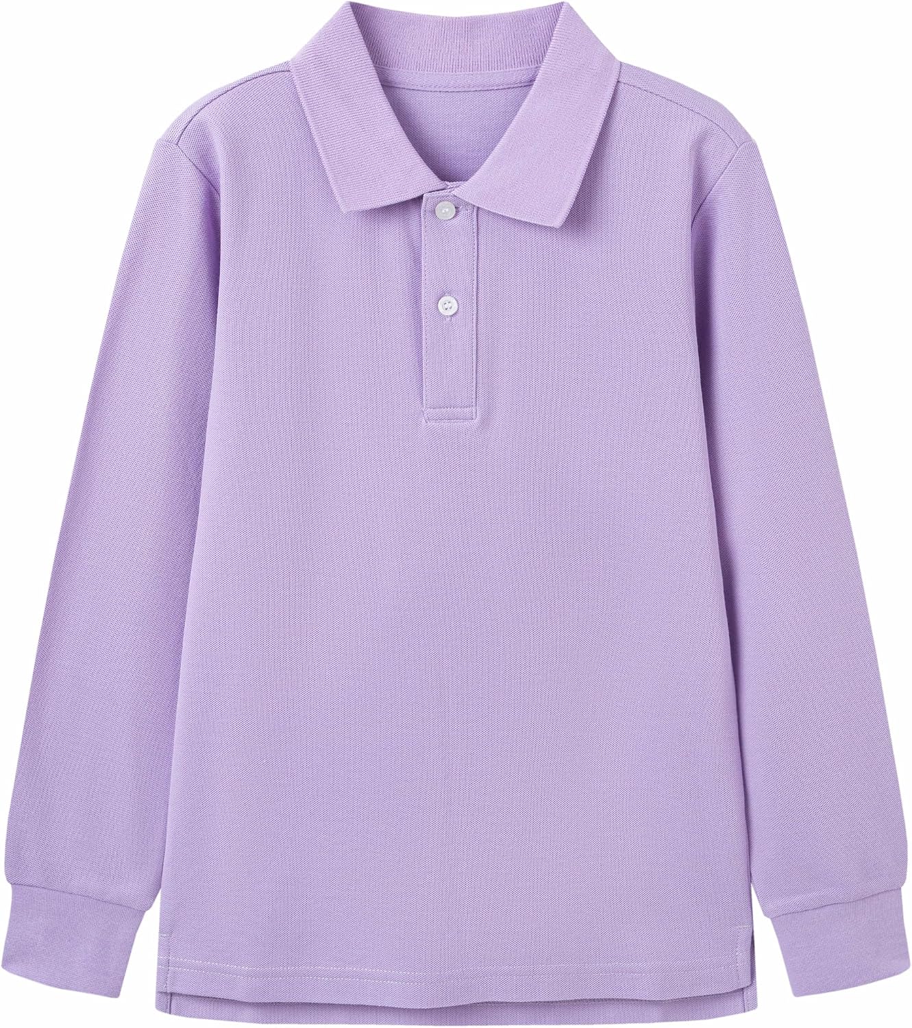 Everanne unisex lilac long sleeve polo shirt with collar and buttons, made from comfortable uniform fabric.