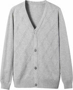 Everanne 100% cotton V-neck school uniform diamond knit cardigan sweater displayed on a mannequin.