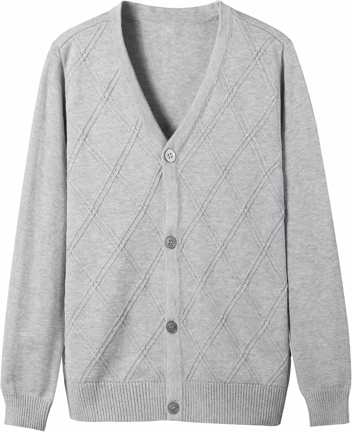 Everanne 100% cotton V-neck school uniform diamond knit cardigan sweater displayed on a mannequin.