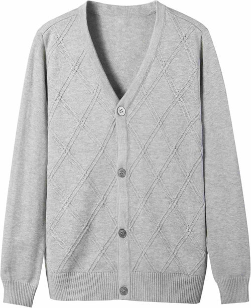 Everanne 100% cotton V-neck school uniform diamond knit cardigan sweater displayed on a mannequin.