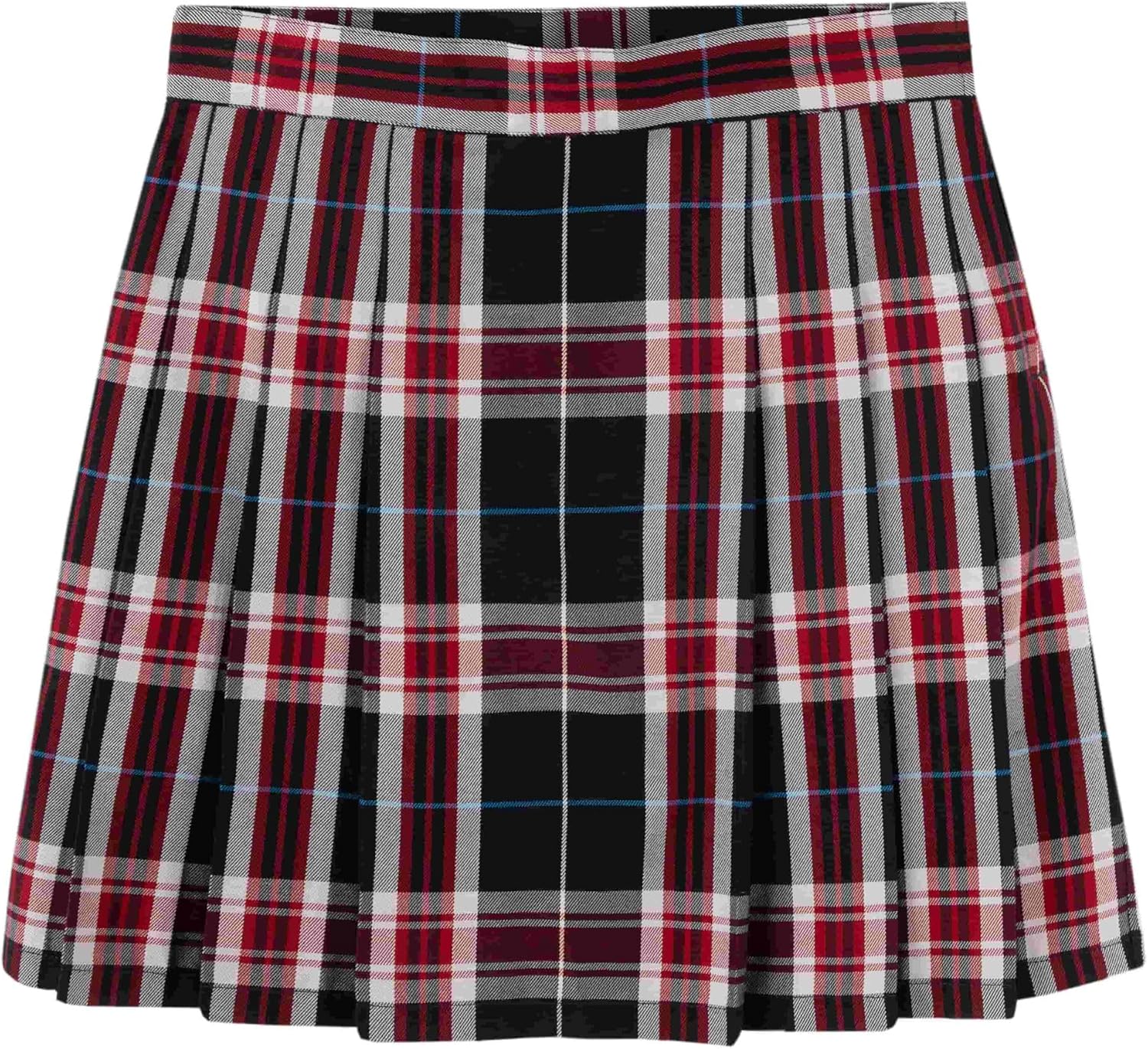Everanne girls' woven checkered pleated skirt in navy, red, and white with dual waist YKK zipper, stylish school uniform skirt.