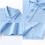 Light blue Everanne unisex kids polo shirt with short sleeves and pique mesh cotton blend fabric, displayed on a plain background.