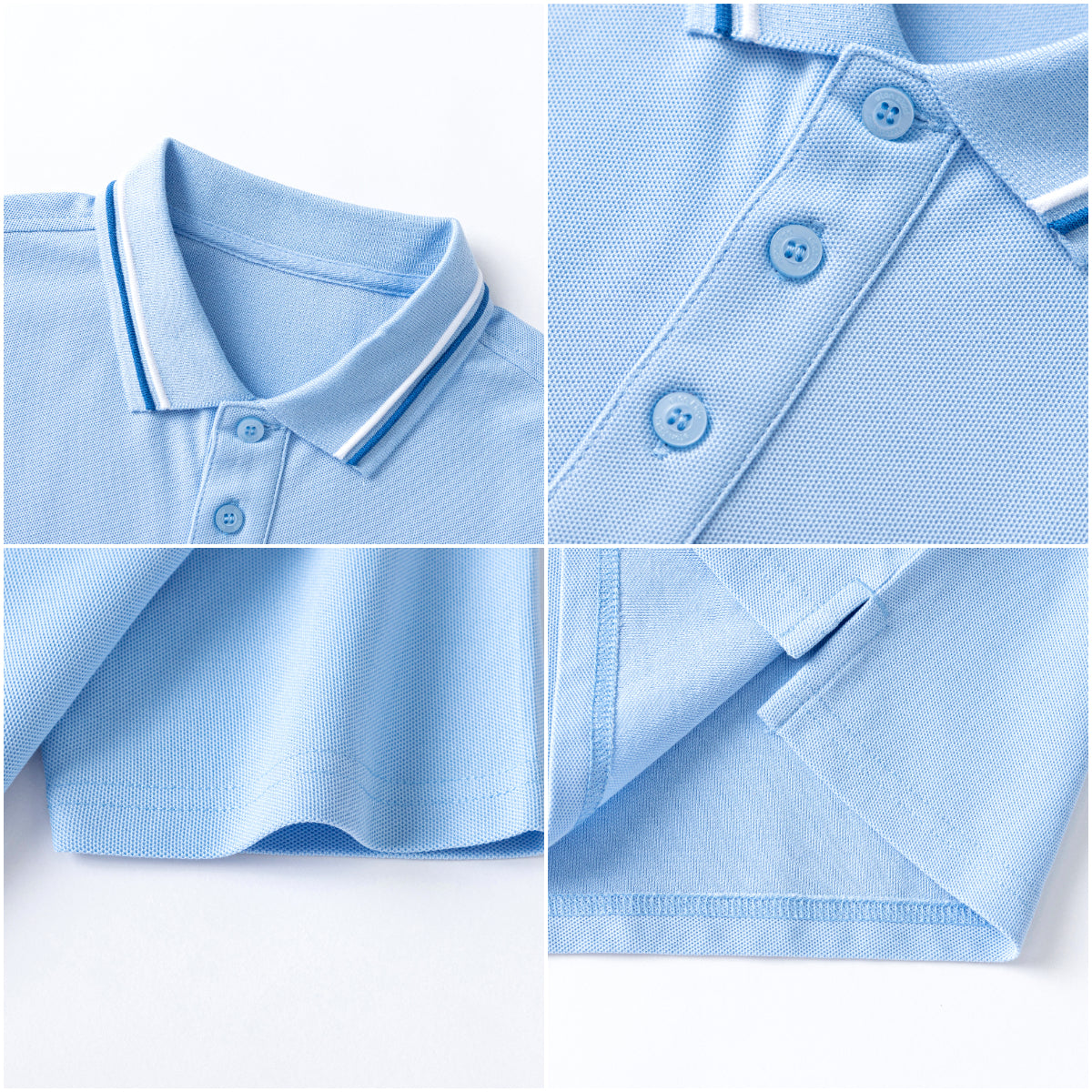 Light blue Everanne unisex kids polo shirt with short sleeves and pique mesh cotton blend fabric, displayed on a plain background.