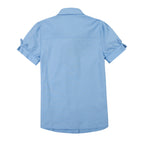Everanne girls short-sleeve summer shirt with classic puff sleeves in blue, casual top for girls, shown on a model.