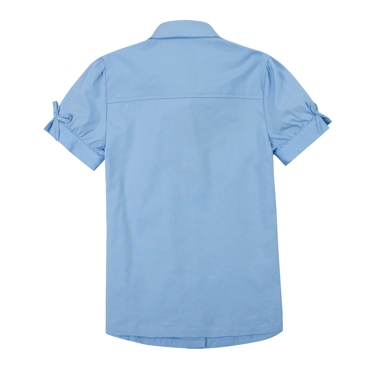 Everanne girls short-sleeve summer shirt with classic puff sleeves in blue, casual top for girls, shown on a model.