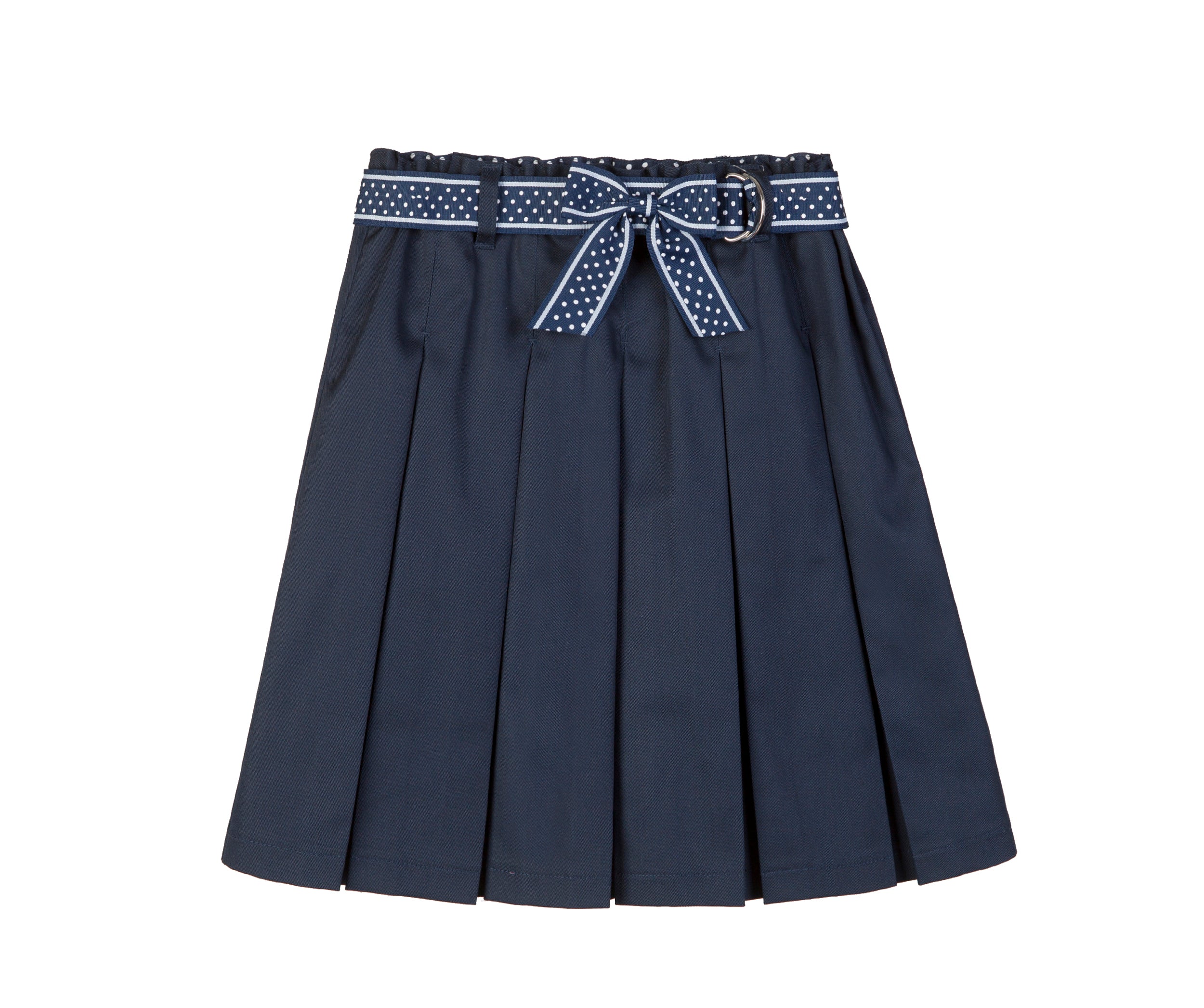 Everanne girls' navy mini skirt with bow tie belt, lightweight twill fabric, school style, suitable for casual and school wear.