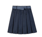Everanne girls' navy mini skirt with bow tie belt, lightweight twill fabric, suitable for school or casual wear.