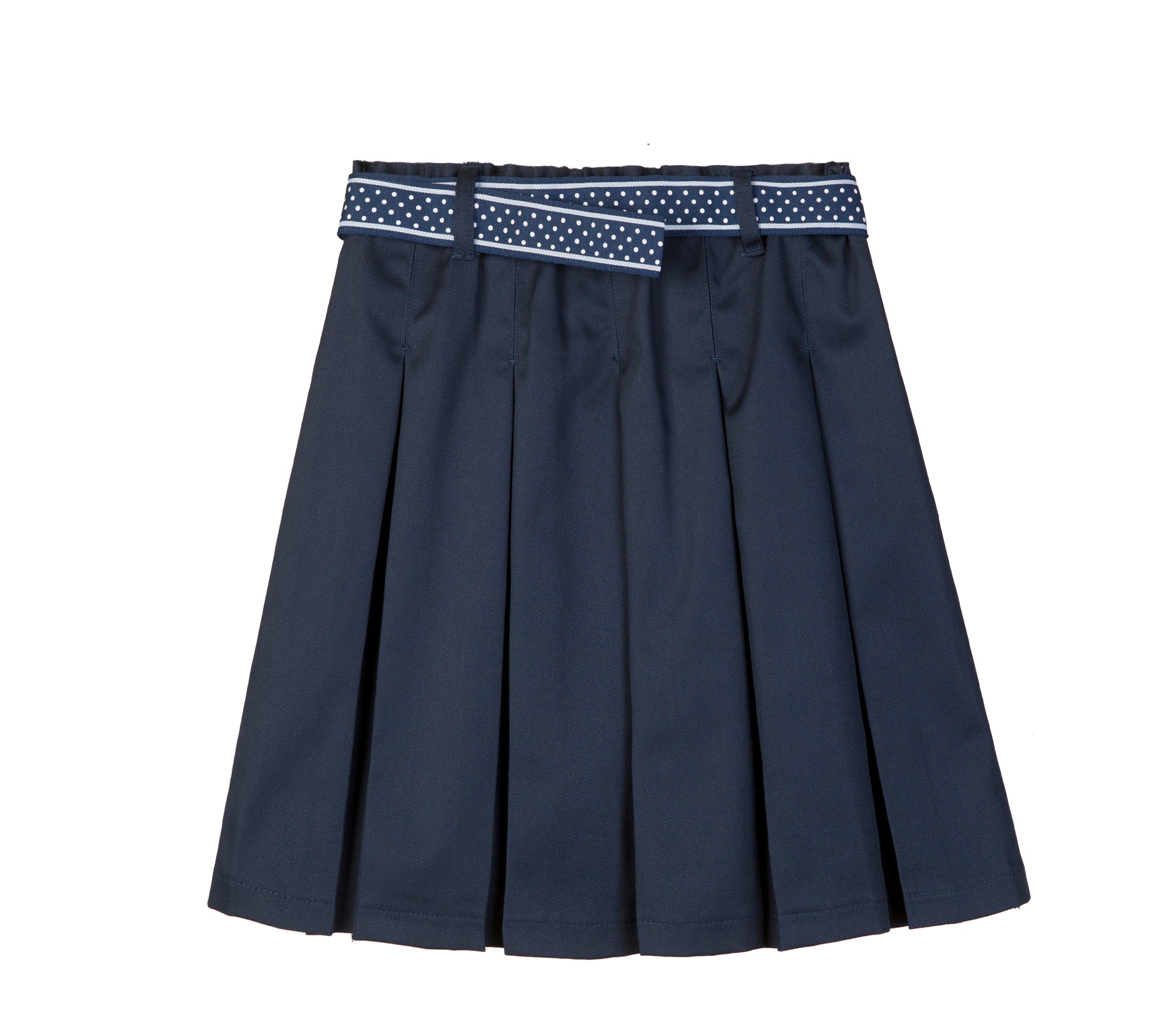 Everanne girls' navy mini skirt with bow tie belt, lightweight twill fabric, suitable for school or casual wear.