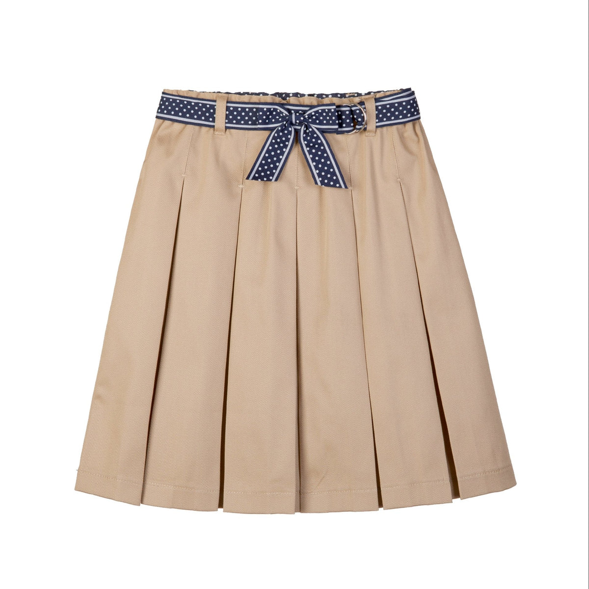 Beige lightweight twill mini skirt for girls featuring a front bow tie belt.