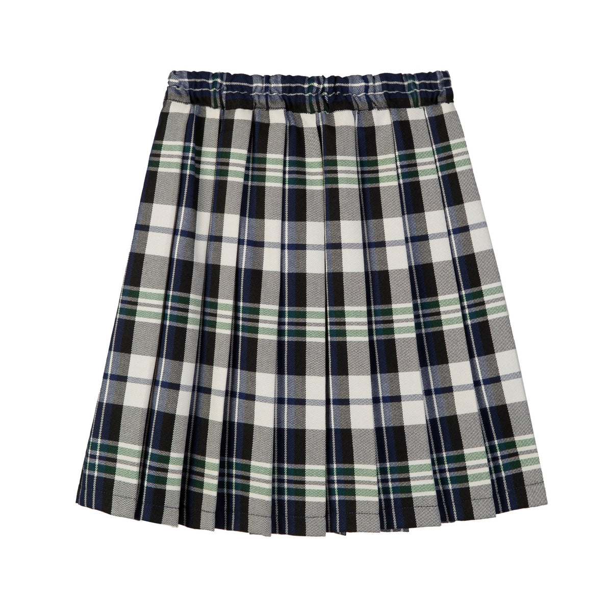 Everanne girls navy and off-white checkered pleated school skirt with dual waist tabs, front view