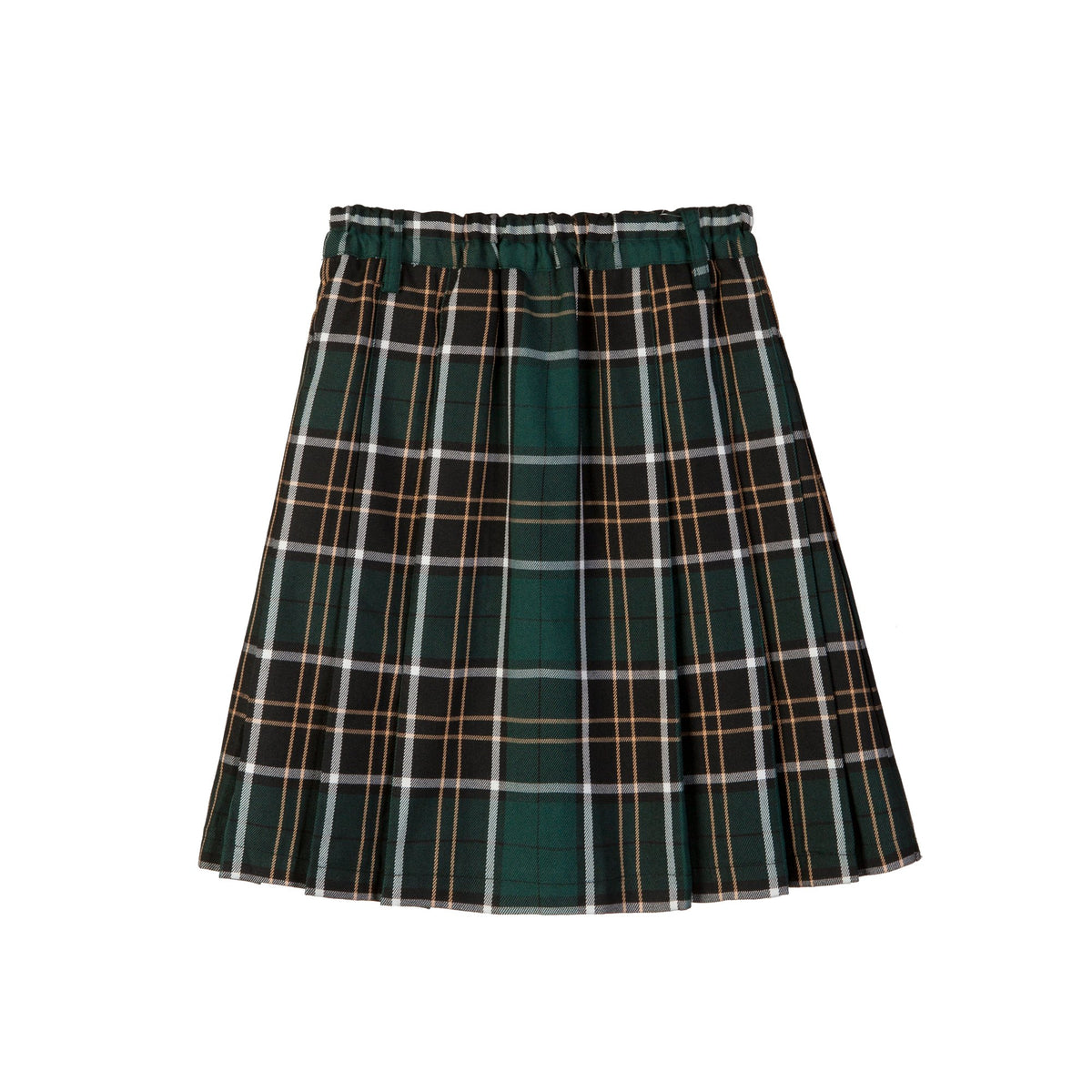 Everanne girls' dark green and yellow TR woven checkered pleated skirt featuring a dual waist design and YKK zipper.