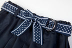 Everanne girls' navy mini skirt with bow tie belt, lightweight twill fabric, suitable for school and casual wear.