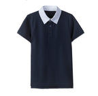 Everanne unisex kids navy polo shirt with short sleeves and cotton blend pique mesh fabric, displayed on a plain background.