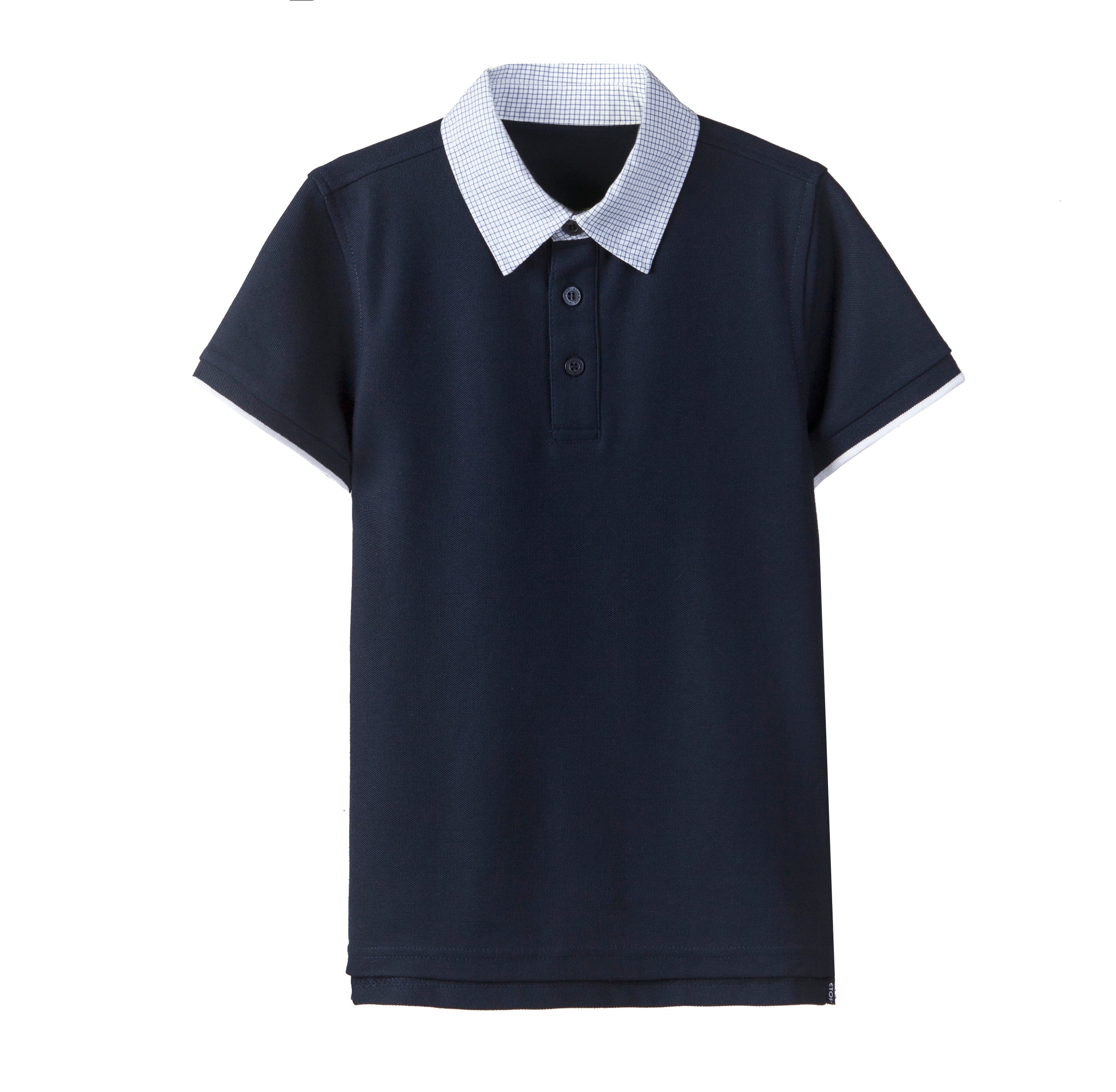 Everanne unisex kids navy polo shirt with short sleeves and cotton blend pique mesh fabric, displayed on a plain background.