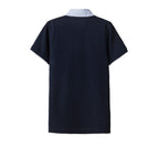Everanne unisex kids navy short sleeve polo shirt made of cotton blend pique mesh, displayed flat on a white background.