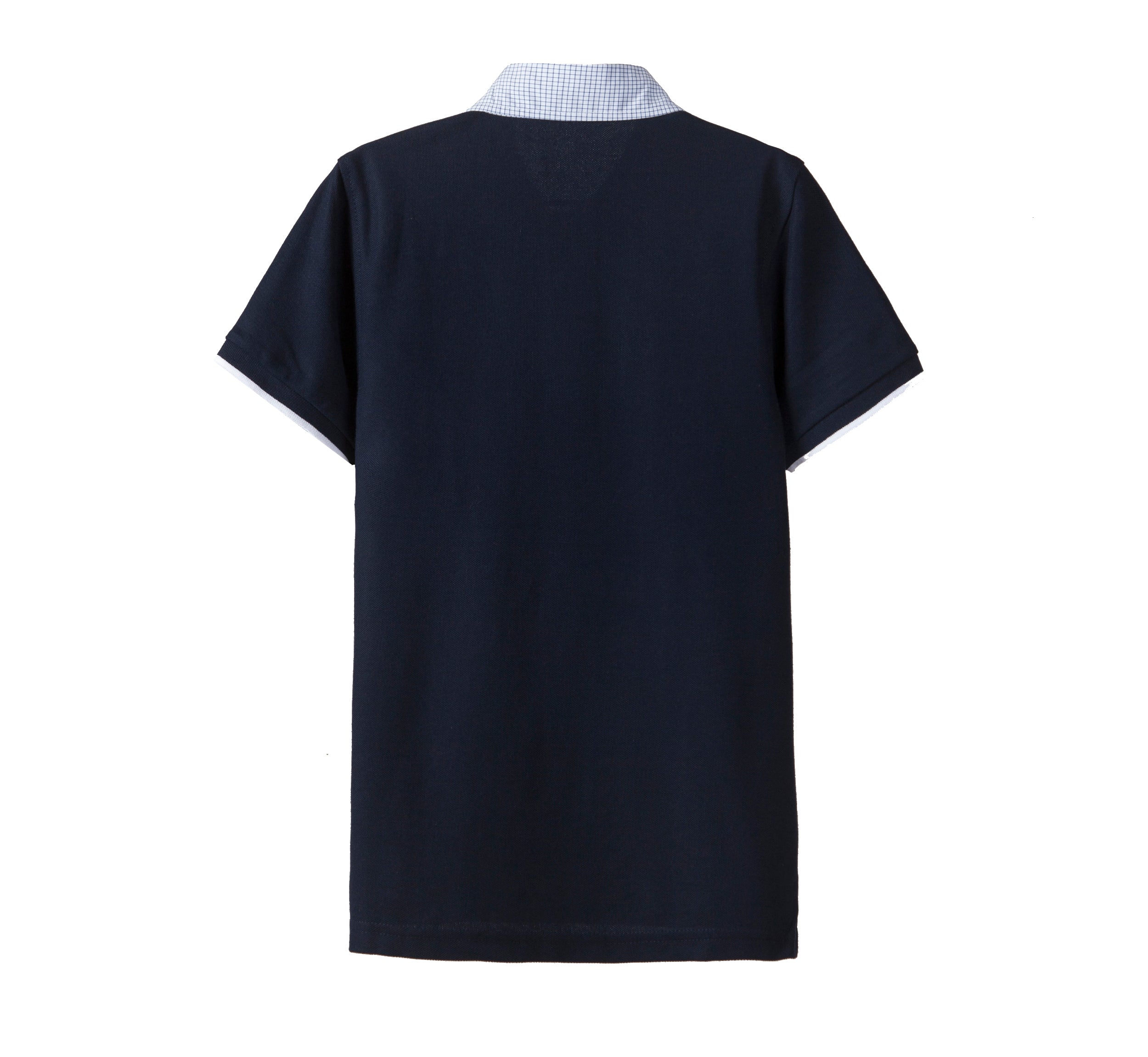 Everanne unisex kids navy short sleeve polo shirt made of cotton blend pique mesh, displayed flat on a white background.