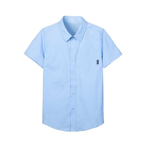 Boy wearing a blue short-sleeve summer button-up shirt with front pocket by Everanne, casual casual tops for boys.