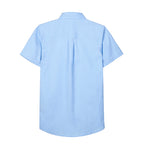 Boy wearing a blue casual short-sleeve summer shirt with front pocket, button-up style by Everanne, shown in a close-up front view.
