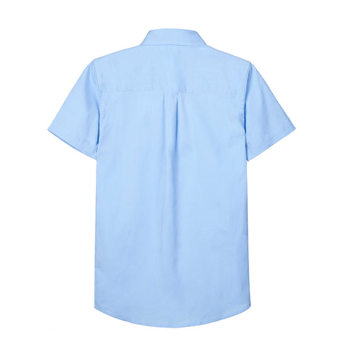 Boy wearing a blue casual short-sleeve summer shirt with front pocket, button-up style by Everanne, shown in a close-up front view.