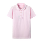 Girls pink short-sleeve piqué mesh T-shirt with crew neck and bow detail, by Everanne, showcasing casual top style.