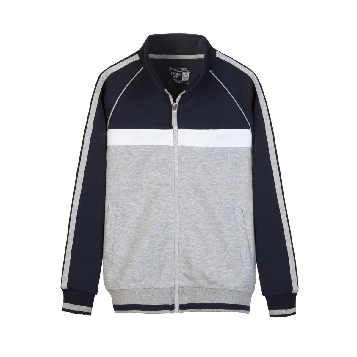 Everanne youth navy blue zip-up jacket with light gray colorblock sleeve stripes and stand collar