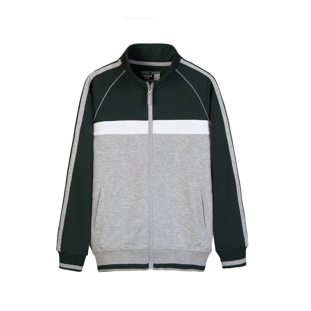 Everanne Youth Sports Zip-Up Jacket with Stand Collar Colorblock Stripes Dark Green & Light Gray
