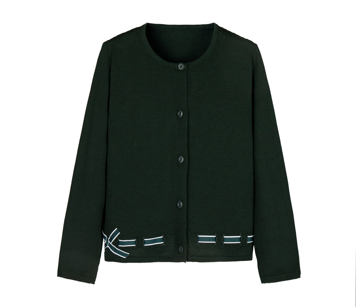 Everanne Girls Cotton Bow Cardigan Sweater with Round Collar Waist Detail Green