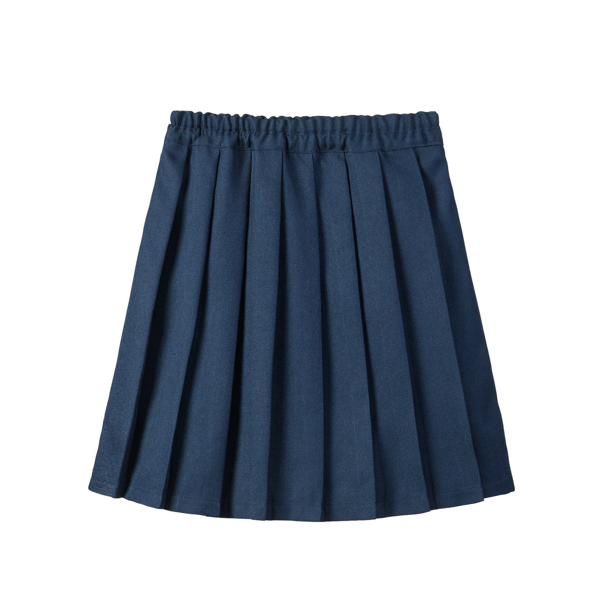 Blue girls pleated school uniform skirt with elastic waist and organic lining