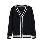 Everanne Striped Cardigan Sweater with Refined Contrast Collar and Windproof Cuffs