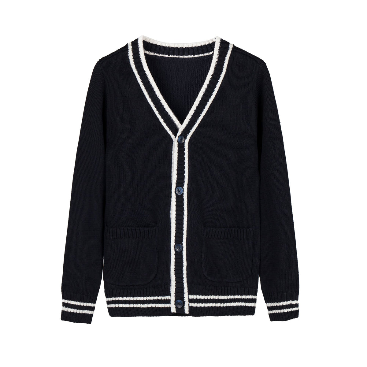 Everanne Striped Cardigan Sweater with Refined Contrast Collar and Windproof Cuffs